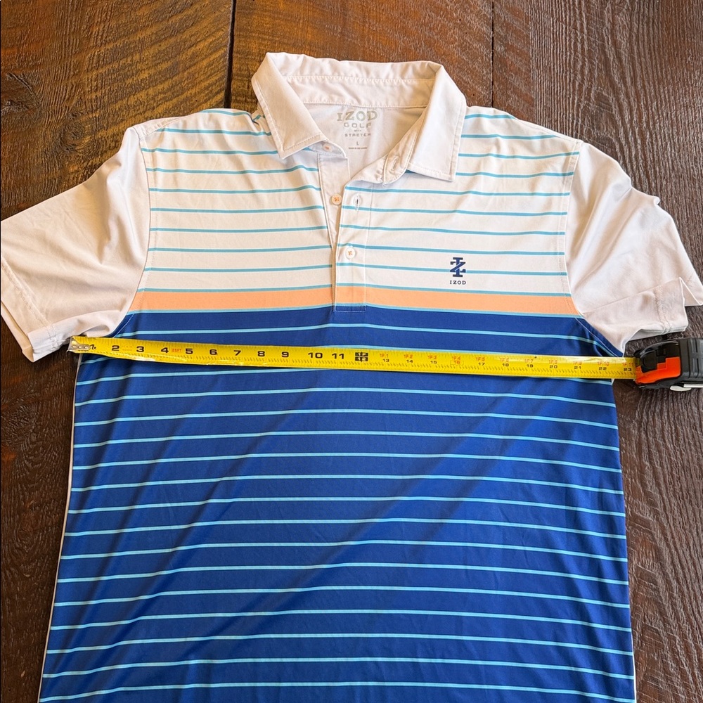 IZOD Golf Polo Men’s Large Blue White Orange Striped Performance Shirt Stretch